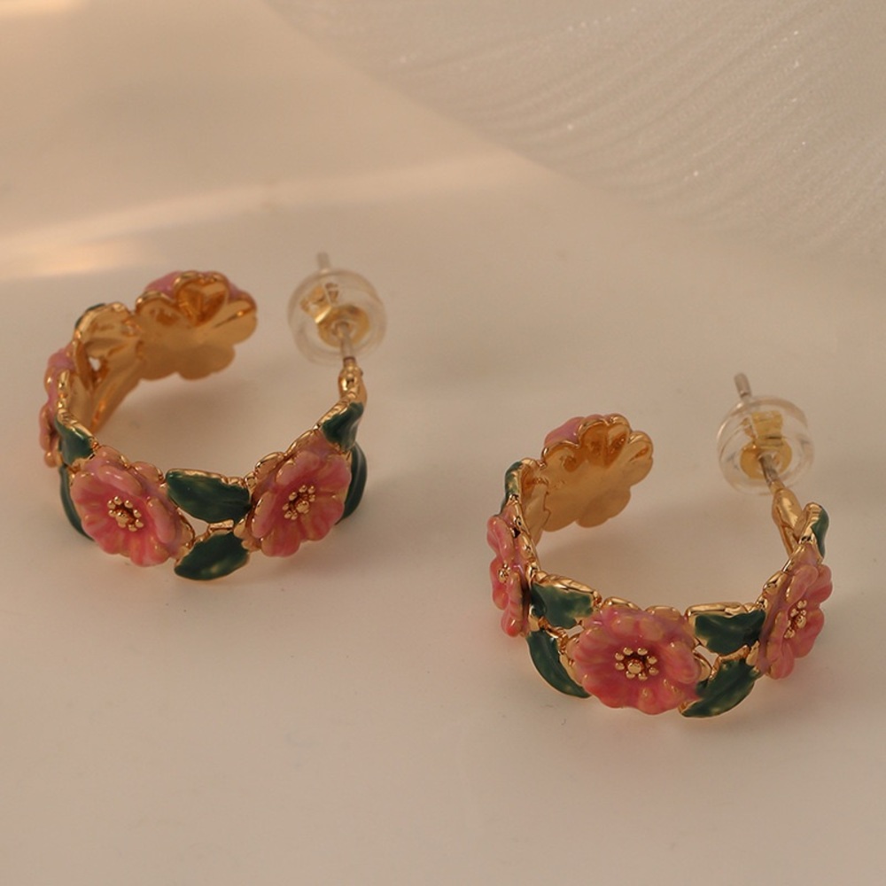 Floral Pink and Gold Hoop Earrings